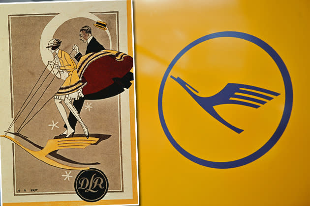 Der Grafiker Otto Firle schuf 1918 den für die Deutsche Luft-Reederei (r., Bild aus einem Werbeprospekt der DLR 1920) berühmten Kranich, der auch heute noch jede Maschine der Lufthansa ziert. Viel wurde hier nicht am Design geschraubt: Flügel und Kopfpartie des Vogels wurden etwas angepasst, außerdem steigt der Kranich heute umrahmt von einem Kreis in die Lüfte. (Bilder: Lufthansa/dpa)