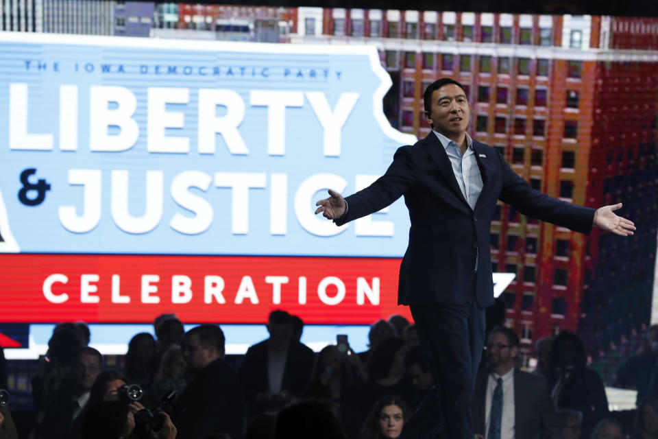 Democratic presidential candidate entrepreneur Andrew Yang walks on stage to speak at the Iowa Democratic Party's Liberty and Justice Celebration, Friday, Nov. 1, 2019, in Des Moines, Iowa. (AP Photo/Charlie Neibergall)