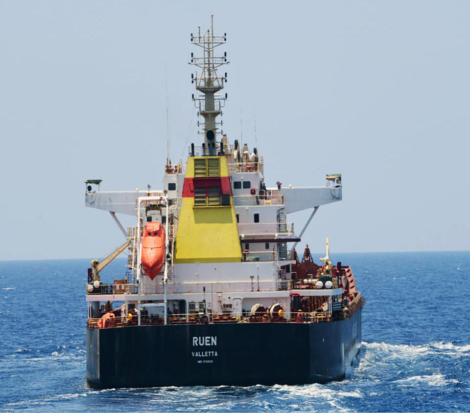 This photograph shared by Indian navy on the X platform shows the hijacked ship ex-MV Ruen, Saturday, March 16, 2024. Indian navy says that it has intercepted the ship and has demanded that the pirates surrender and release all civilians held hostage on the ship. (Indian Navy on X via AP)