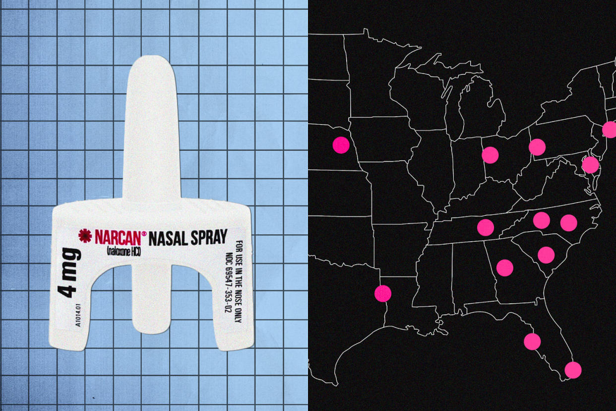 Photo illustration of Narcan nasal spray next to a map of the United States with plot points of where Narcan was found in pharmacies. (Chelsea Stahl / NBC News)