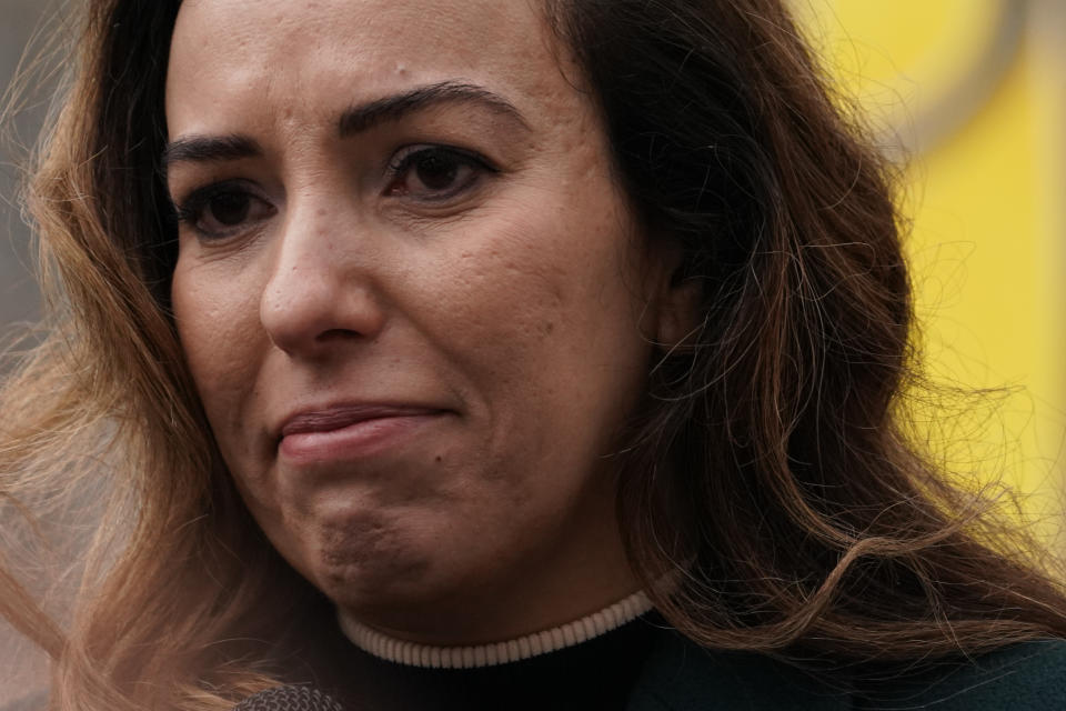 Stella Assange, wife of Julian Assange speaks outside the Royal Courts of Justice in London, Tuesday, Feb. 20, 2024. WikiLeaks founder Julian Assange will make his final appeal against his impending extradition to the United States at the court.(AP Photo/Alberto Pezzali)