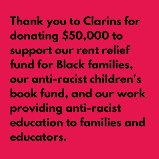 <p>Educational organisation, The Conscious Kid, that aims to reduce bias promote 'positive identity development in youth', announced on Instagram on Tuesday that beauty brand Clarins has donated $50,000 to support the charity's rent relief fund for Black families.</p><p><a class="link " href="https://www.theconsciouskid.org/donate" rel="nofollow noopener" target="_blank" data-ylk="slk:DONATE TO THE CONSCIOUS KID;elm:context_link;itc:0;sec:content-canvas">DONATE TO THE CONSCIOUS KID</a></p><p><a href="https://www.instagram.com/p/CA8nw_VpnH_/?utm_source=ig_embed&utm_campaign=loading" rel="nofollow noopener" target="_blank" data-ylk="slk:See the original post on Instagram;elm:context_link;itc:0;sec:content-canvas" class="link ">See the original post on Instagram</a></p>