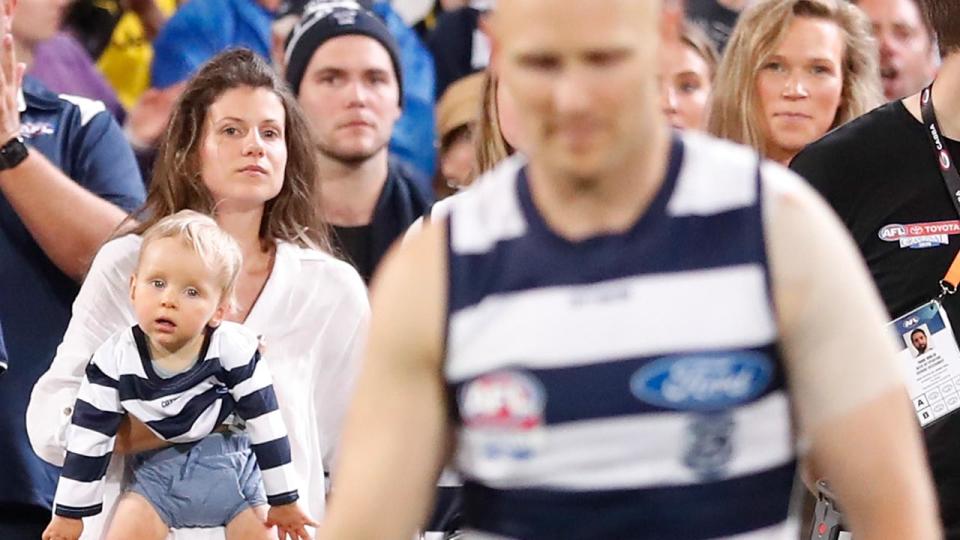 Gary Ablett, pictured here as wife Jordan and son Levi look on.