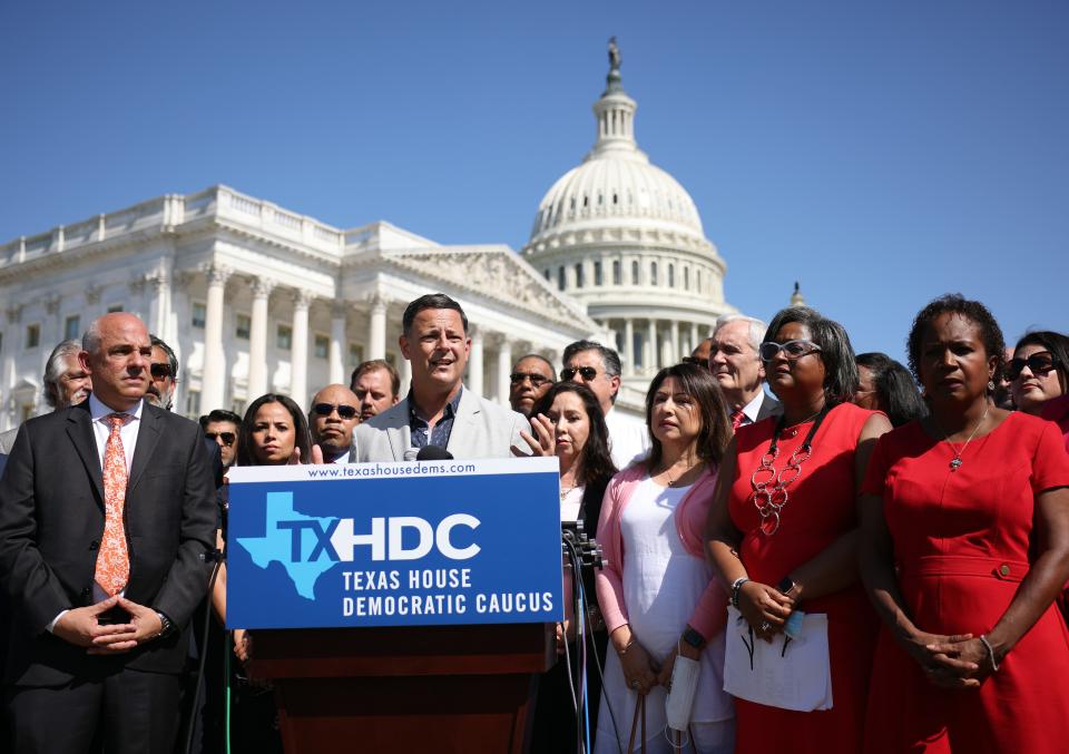 Joined by fellow Texas state House Democrats, Chairman of the Mexican American Legislative Caucus Rep. Rafael Anchia (TX-103) speaks during a news conference on voting rights outside the U.S. Capitol on July 13, 2021 in Washington, DC.