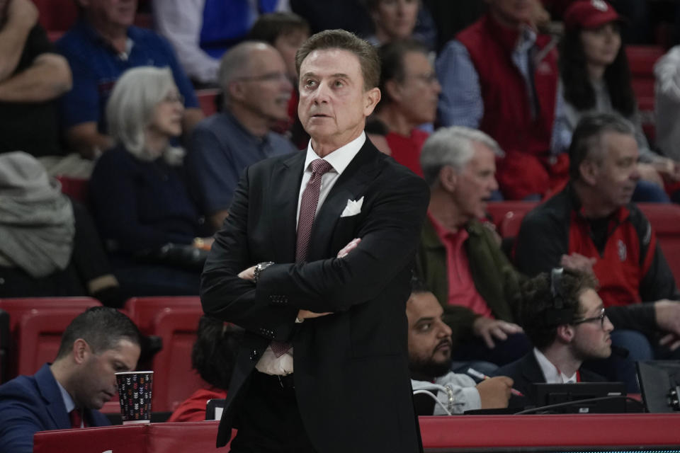 FILE - St. John's head coach Rick Pitino looks on during the first half of an NCAA college basketball game against Stony Brook, Nov. 7, 2023, in New York. Point guard Deivon Smith is transferring to St. John’s from Utah, giving Hall of Fame coach Pitino a veteran replacement for Daniss Jenkins next season. (AP Photo/Seth Wenig, File)