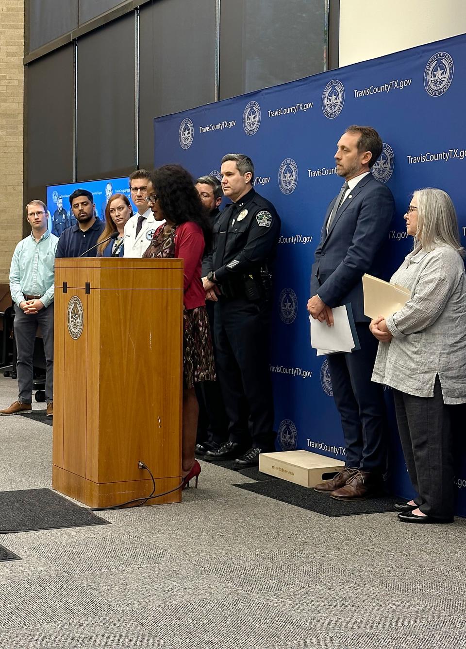 Austin-Travis County Public Health Authority Dr. Desmar Walkes speaks at an April 30 news conference about last week's outbreak of opioid overdoses and deaths in Austin.