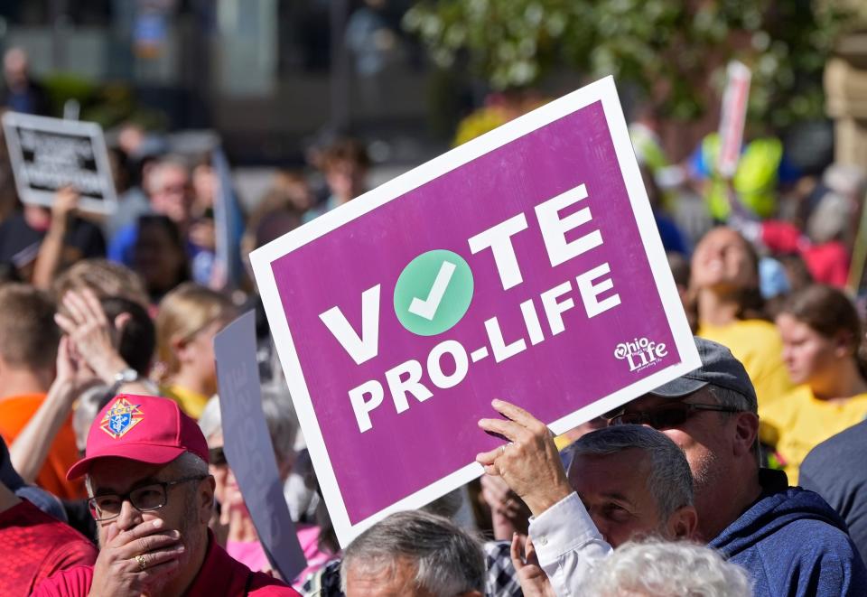 Demonstrators turn out for “Ohio March for Life” to support ending abortion access in Ohio at the Statehouse in Columbus, Ohio on Wednesday, Oct. 5, 2022.