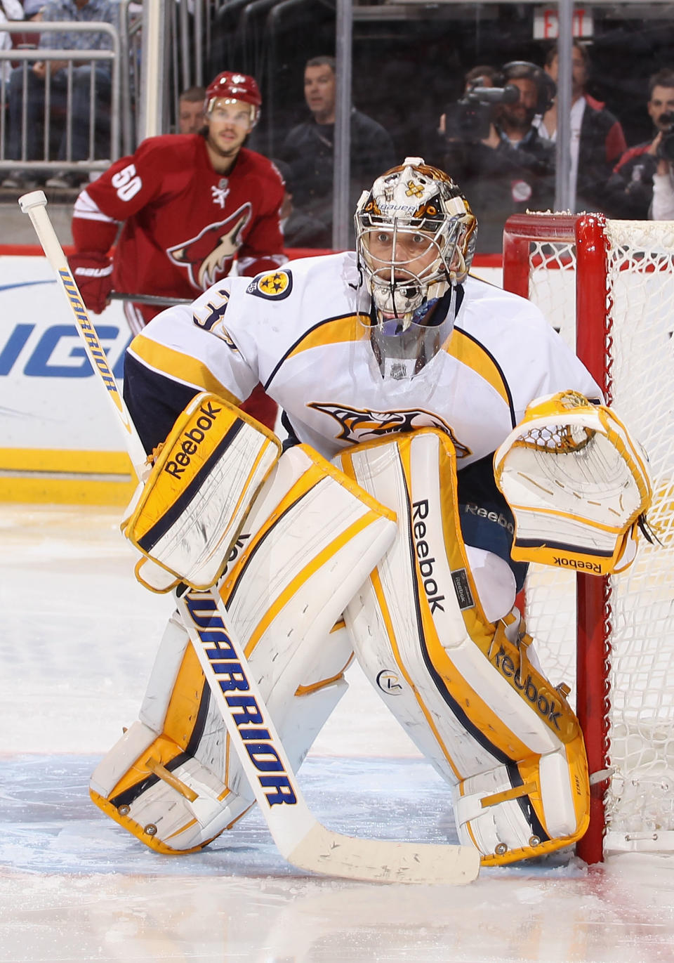 GLENDALE, AZ - APRIL 27: Goaltender Pekka Rinne #35 of the Nashville Predators protects the net in Game One of the Western Conference Semifinals against the Phoenix Coyotes during the 2012 NHL Stanley Cup Playoffs at Jobing.com Arena on April 27, 2012 in Glendale, Arizona. The Coyotes defeated the Predators 4-3 in overtime. (Photo by Christian Petersen/Getty Images)