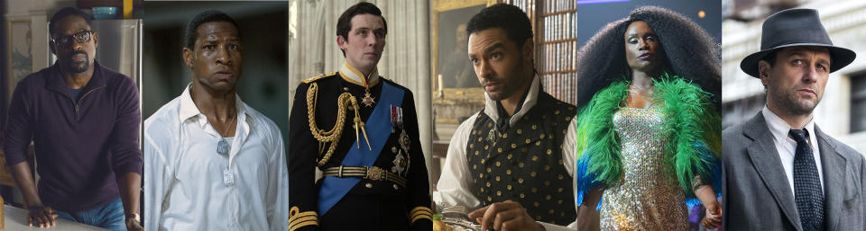 This combination of photos shows Emmy nominees for best lead actor in a drama series, from left, Sterling K. Brown in "This Is Us," Jonathan Majors in "Lovecraft Country," Josh O'Connor in "The Crown," Rege-Jean Page in "Bridgerton," Billy Porter in "Pose," and Matthew Rhys in "Perry Mason." (NBC/HBO/Netflix/Netflix/FX/HBO via AP)