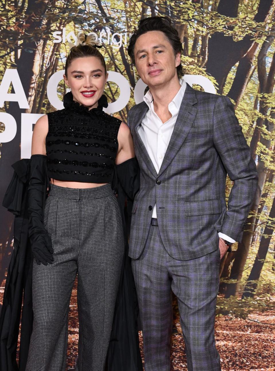london, england march 08 l r florence pugh and zach braff attend the a good person uk premiere at the ham yard hotel on march 08, 2023 in london, england photo by karwai tangwireimage