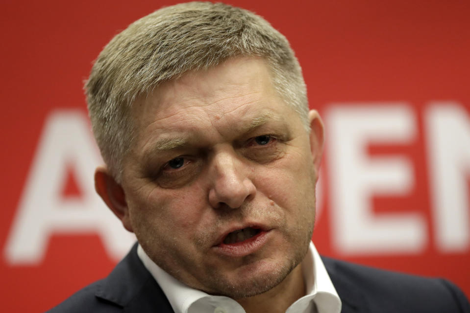 FILE - Leader of the Smer-Social Democracy party Robert Fico addresses the media during a press conference a day after the Slovakia's general election in Bratislava, Sunday, March 1, 2020. Slovakia's populist Prime Minister Robert Fico was wounded in a shooting Wednesday May 15, 2024 and taken to hospital. (AP Photo/Petr David Josek, File)