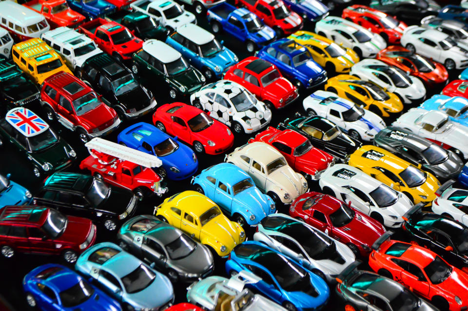rows of toy cars lined up