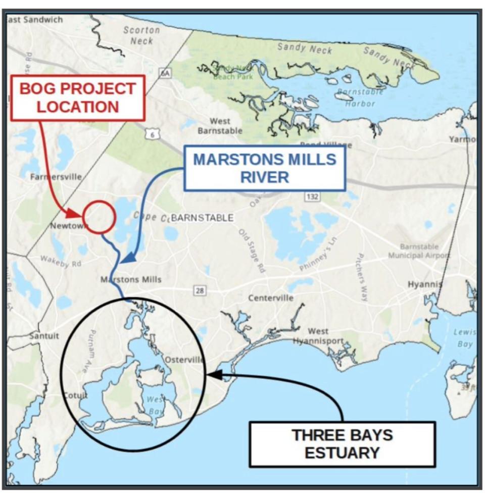 This map shows the location of the Marstons Mills River ecological restoration project that aims to restore cranberry bogs to wetlands habitat. The goal of the restoration is to use wetlands to cleanse groundwater, reduce nitrogen flow downriver and improve water quality in the Three Bays estuary on the Cape's southern shoreline.