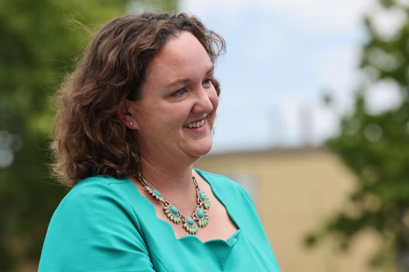 Orange, CA, Thursday, July 8, 2021 - Rep. Katie Porter (D-CA45) attends a news conference at the El Modena Family Resources Center to tout the Keep Families Afloat child tax credit. (Robert Gauthier/Los Angeles Times)