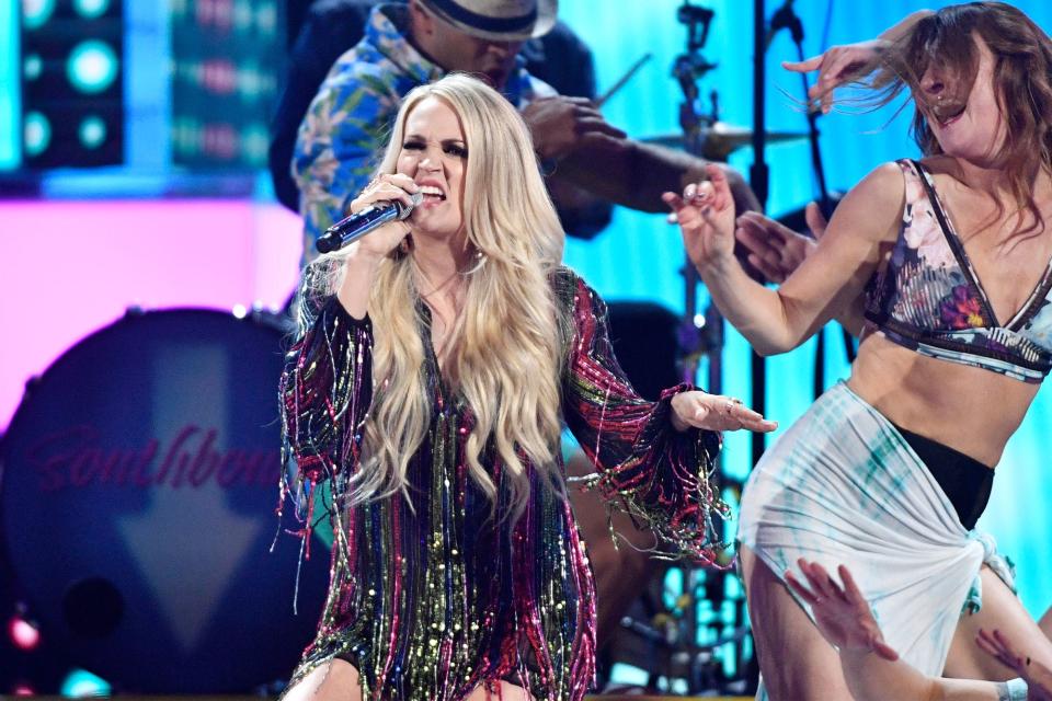 Carrie Underwood performs during the 54TH Academy of Country Music Awards Sunday, April 7, 2019, in Las Vegas, Nev.