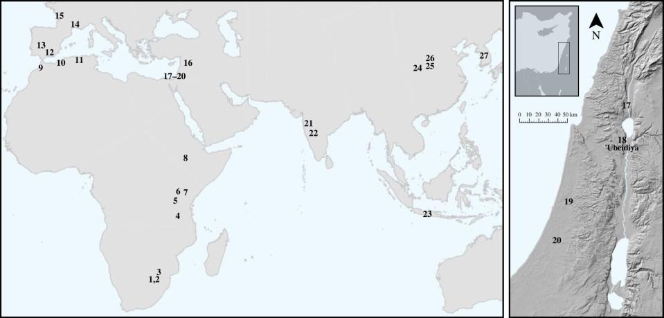 A la derecha, mapa con las excavaciones donde se han encontrado esferoides de piedra. A la derecha, la ubicación de la excavación de Ubeidiya en la que se ha realizado el estudio | Muller, Antoine, et al. Royal Society Open Science (2023)