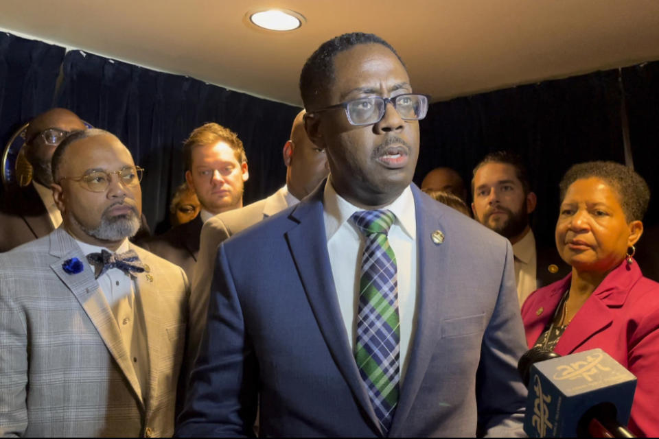 Alabama state Rep. Prince Chestnut speaks to reporters at the Statehouse alongside other Democrats in the House of Representatives in Montgomery, Ala., on Wednesday, July 19, 2023, following a vote on a redistricting plan. Black lawmakers called the GOP proposal an insult after the U.S. Supreme Court ordered the legislature to to give Black voters a greater voice in elections. Alabama lawmakers face a Friday, July 21, deadline to draw new congressional lines after the U.S. Supreme Court in June upheld a finding that the current state map — with one majority-Black district out of seven in a state that is 27% Black — likely violates the federal Voting Rights Act. (AP Photo/Kim Chandler)