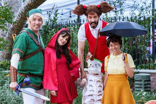 <p>Lindy Lin Photography</p> Jonathan Scott, Zooey Deschanel, Drew Scott, Linda Phan and Drew and Linda's son Parker on Halloween 2023