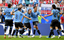 <p>Uruguay double their lead with a deflected free-kick </p>