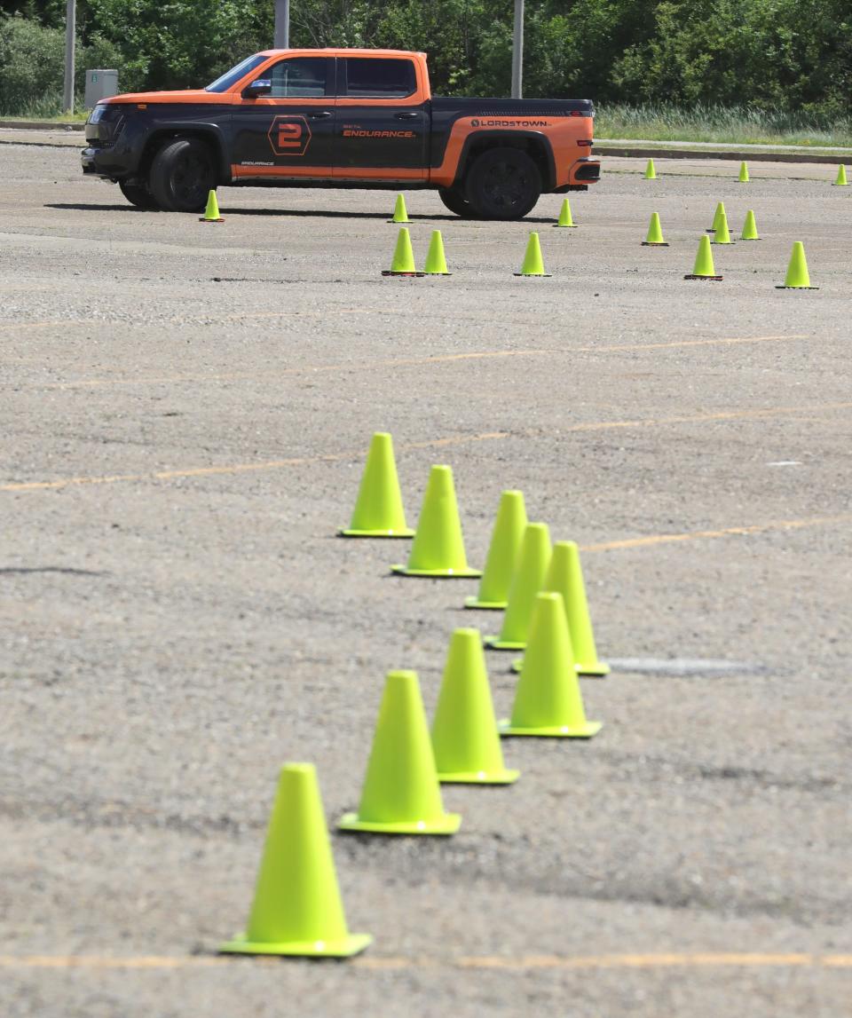 Lordstown Motors test drives the Endurance pickup outside the newly revamped plant on Tuesday, June 22, 2021 in Lordstown, Ohio.