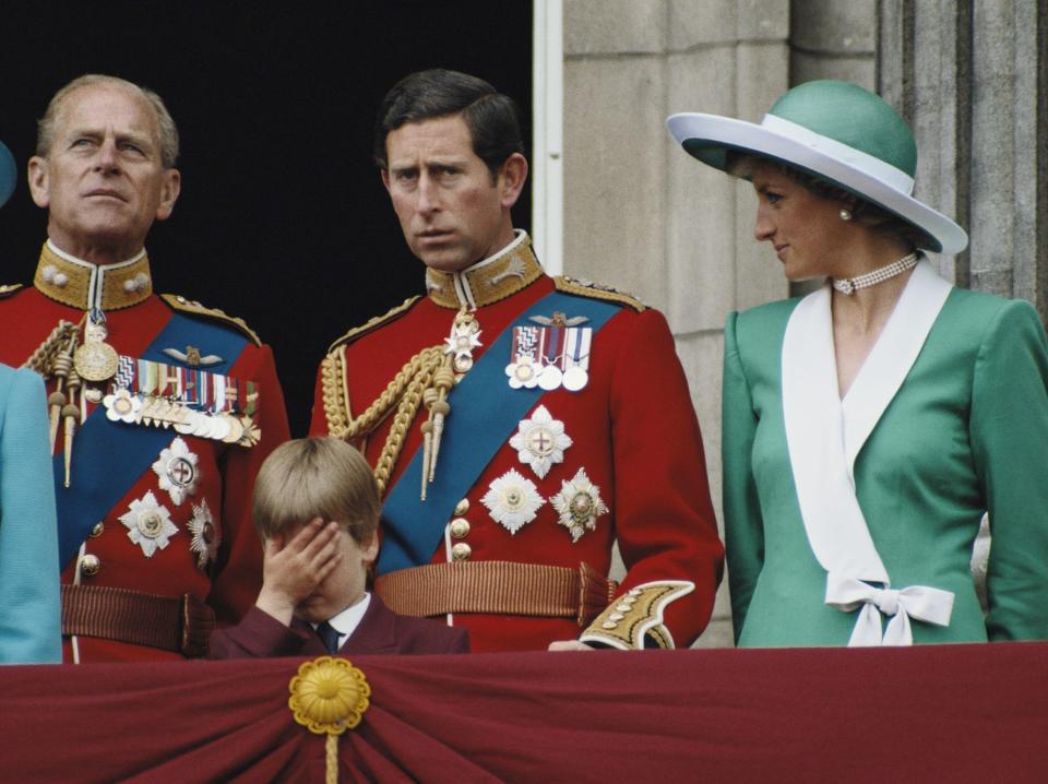 Prince Philip, Prince Charles, Princess Diana, and Prince William at Trooping the Colour 1988.