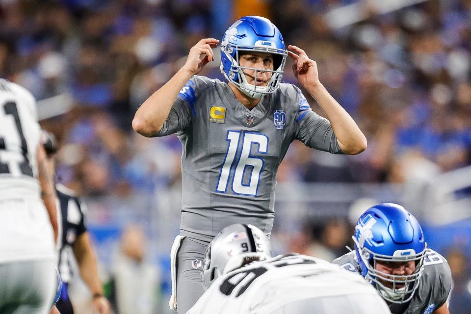 Detroit Lions quarterback Jared Goff talks to teammates at the line of scrimmage before a play against Las Vegas Raiders during the first half at Ford Field in Detroit on Monday, Oct. 30, 2023.