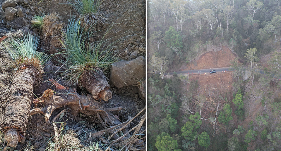 Left - the smashed grass trees. Right - an aerial view of the road. A car can be seen on the road.