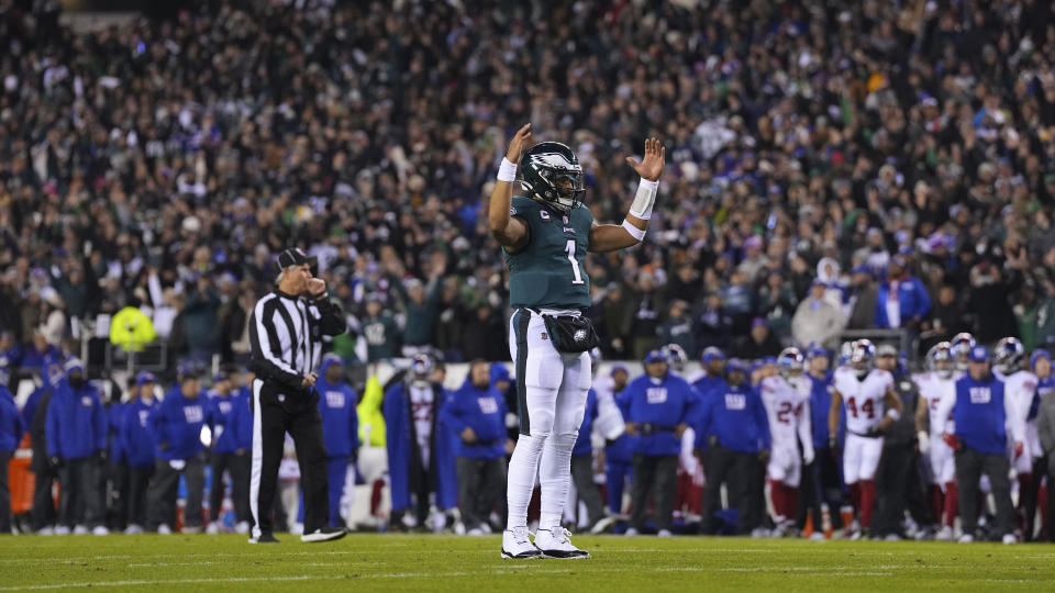 Jalen Hurts and his Philadelphia Eagles are in high demand as they prepare to face the San Francisco 49ers on Sunday in the NFC championship game. (Mitchell Leff/Getty Images)