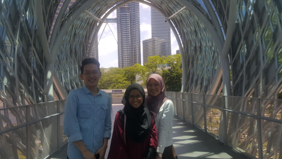 (From left) Maldanie Anak Sulaiman, Safura Damia and Farah Idayu were enthralled by Saloma Link’s design. — Picture by R. Loheswar