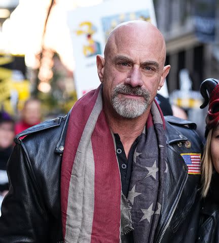 <p>John Nacion/Getty</p> hristopher Meloni joins SAG-AFTRA members on strike during Halloween on October 31, 2023 in New York City.