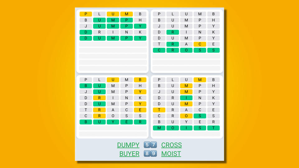 Quordle daily sequence answers for game 500 on a yellow background