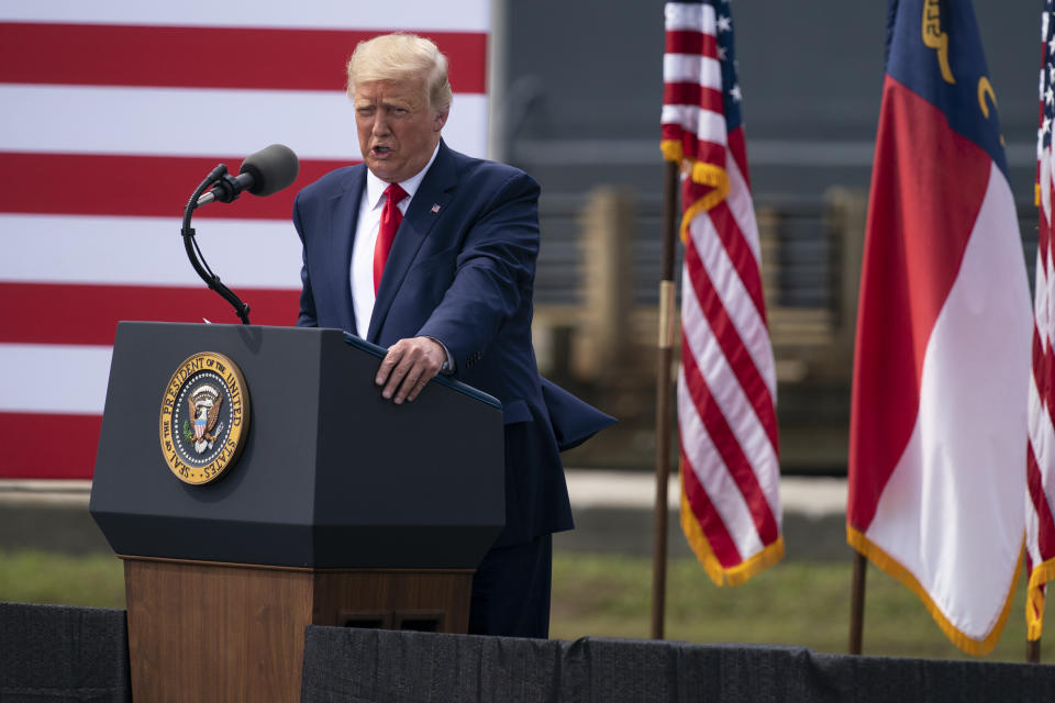 President Donald Trump speaks during an event to designate Wilmington as the first American World War II Heritage City, Wednesday, Sept. 2, 2020, in Wilmington, N.C. (AP Photo/Evan Vucci)