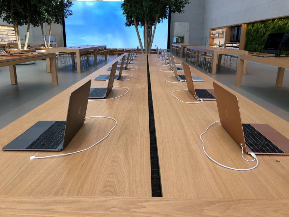 The Birkdale Village Apple store will offer services including Apple Pickup, a dedicated table-top area for sessions with workers to learn about devices, and several display tables to explore products. An Apple store in Santa Monica, California, shown.

