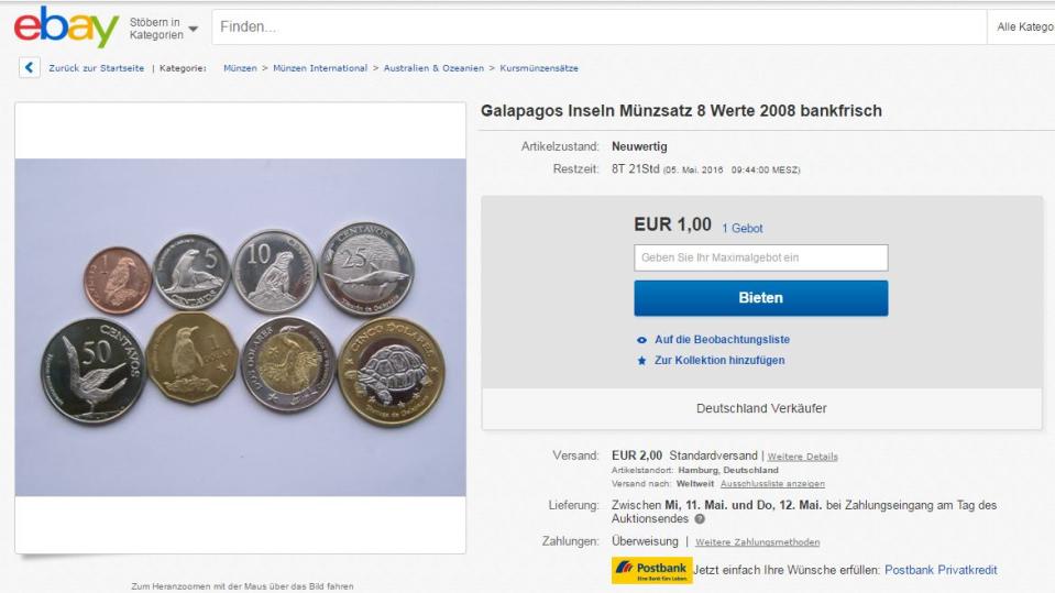 Auch unter dem Münzgeld gibt es einige Beispiele, die hervorstechen. Zum Beispiel der erste Kursmünzensatz der Galapagos Inseln, auf dem je nach Wert verschiedene Tiere abgebildet sind. (Bild-Copyright: ebay.com)