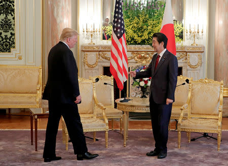 U.S. President Donald Trump meets with Japanese Prime Minister Shinzo Abe at Akasaka Palace, Japanese state guest house in Tokyo May 27, 2019. Eugene Hoshiko/Pool via Reuters