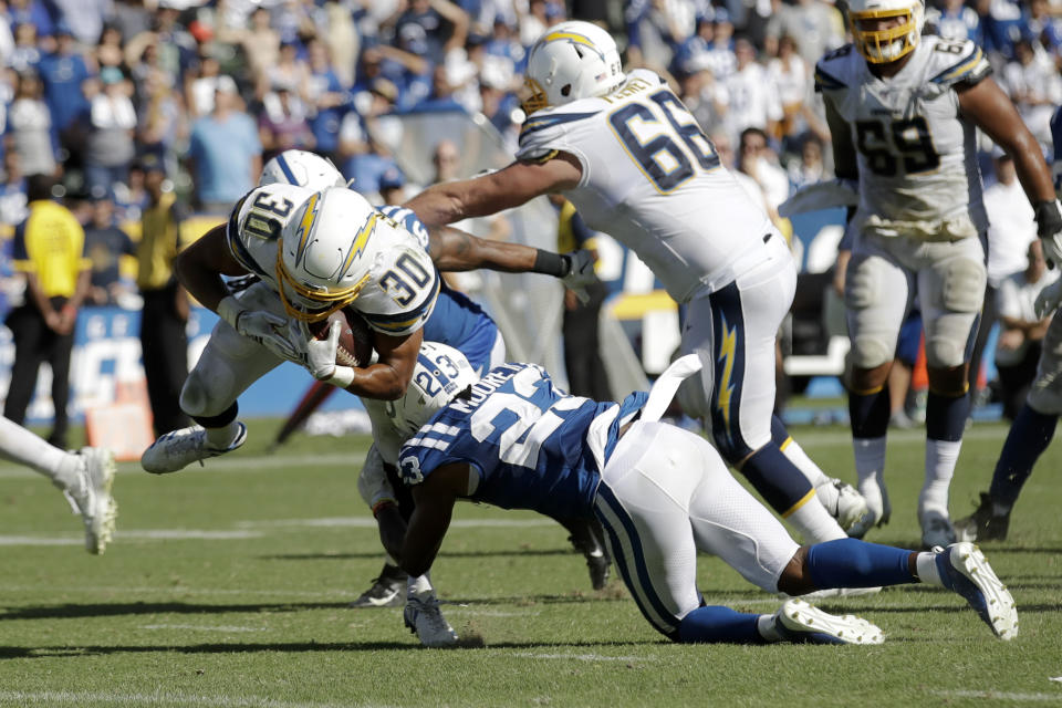 Los Angeles Chargers running back Austin Ekeler (30) scores the winning touchdown during overtime in an NFL football game against the Indianapolis Colts Sunday, Sept. 8, 2019, in Carson, Calif. (AP Photo/Marcio Jose Sanchez)