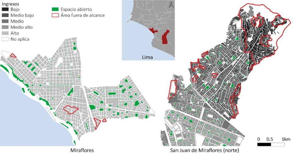 Zonas fuera del alcance de 5 minutos (400 m a pie en terreno llano, 230 m en pendientes superiores a 25°) en dos distritos de Lima. La zona norte del distrito la derecha tiene una topografía accidentada. <a href="https://www.tandfonline.com/doi/full/10.1080/17535069.2023.2222097" rel="nofollow noopener" target="_blank" data-ylk="slk:Silva & Pafka, 2023;elm:context_link;itc:0;sec:content-canvas" class="link ">Silva & Pafka, 2023</a>