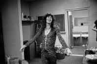 <p>Steven Tyler slips into a skintight cheetah print suit before a concert at Madison Square Garden in 1976. </p>