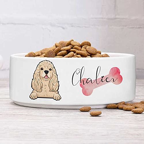 19) Personalized Dog Bowl with Name's Pet and Breeds Design - Custom Ceramic Dog Bowls with Icons, Dog Dish for Dry or Wet Food and Water Customized Feeding Bowl Available in 2 Sizes for Small, Large Dogs