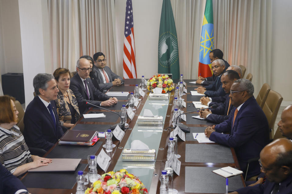 U.S. Secretary of State Antony Blinken, second left, meets Ethiopian Deputy Prime Minister and Foreign Minister Demeke Mekonnen in Addis Ababa, Ethiopia, Wednesday, March 15, 2023. (Tiksa Negeri/Pool Photo via AP)