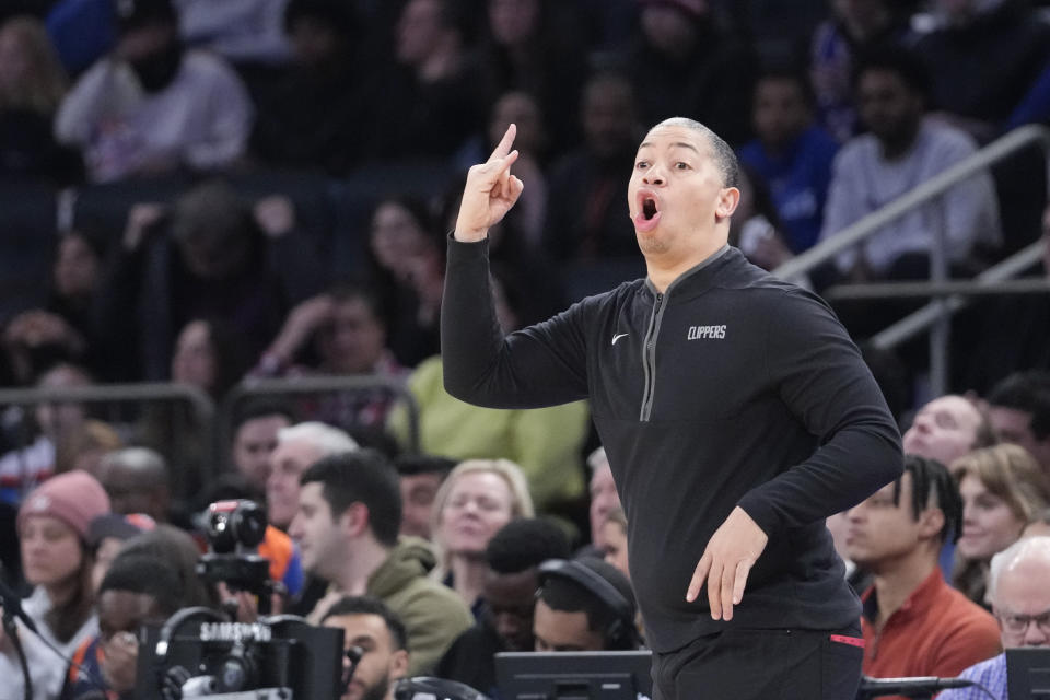 Los Angeles Clippers head coach Tyronn Lue reacts in the first half of an NBA basketball game against the New York Knicks, Saturday, Feb. 4, 2023, at Madison Square Garden in New York. (AP Photo/Mary Altaffer)