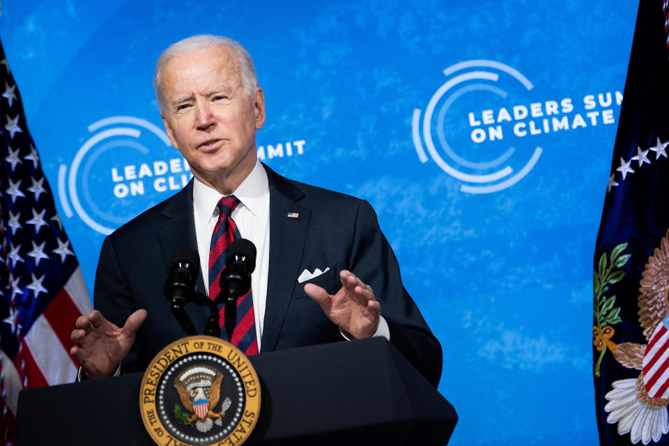 US President Joe Biden speaks during climate change virtual summit from the East Room of the White House campus April 22, 2021, in Washington, DC. (Brendan Smialowski/AFP via Getty Images)