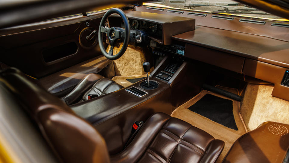 The interior of a 1988.5 Lamborghini Countach LP5000 QV supercar.