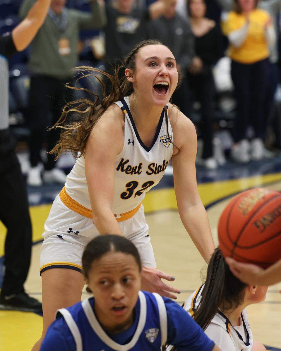 Kent State guard Hannah Young reacts to teammate Clare Kelly’s game winning lay-up in the final seconds of the second half of an NCAA basketball game against the University of Buffalo, Wednesday, Jan. 4, 2022 in Kent, OH.