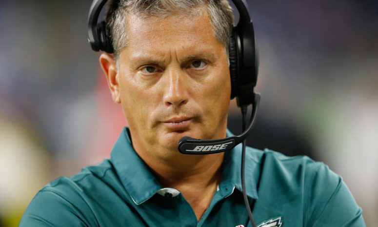 Philadelphia Eagles defensive coordinator Jim Schwartz looks on.