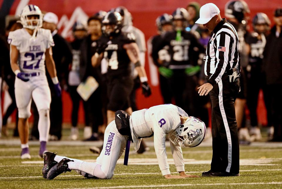 Corner Canyon and Lehi play in high school football semifinal action at Rice-Eccles Stadium in Salt Lake City on Friday, Nov. 10, 2023. Corner Canyon won 63-24. | Scott G Winterton, Deseret News