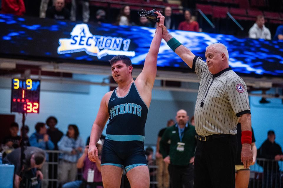 John Jay East Fishkill's Michael Mauro wins the 285 pound weight class during the Section 1 division 1 wrestling championship in White Plains, NY on Sunday, February 11, 2024.