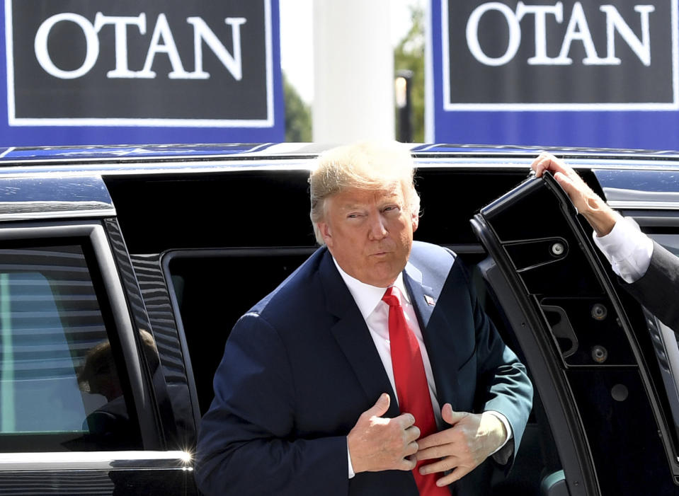 <p>President Trump arrives for the summit of heads of state and government at NATO headquarters in Brussels on Wednesday, July 11, 2018. NATO leaders gathered in Brussels for a two-day summit to discuss Russia, Iraq and their mission in Afghanistan. (Photo: Geert Vanden Wijngaert/AP) </p>