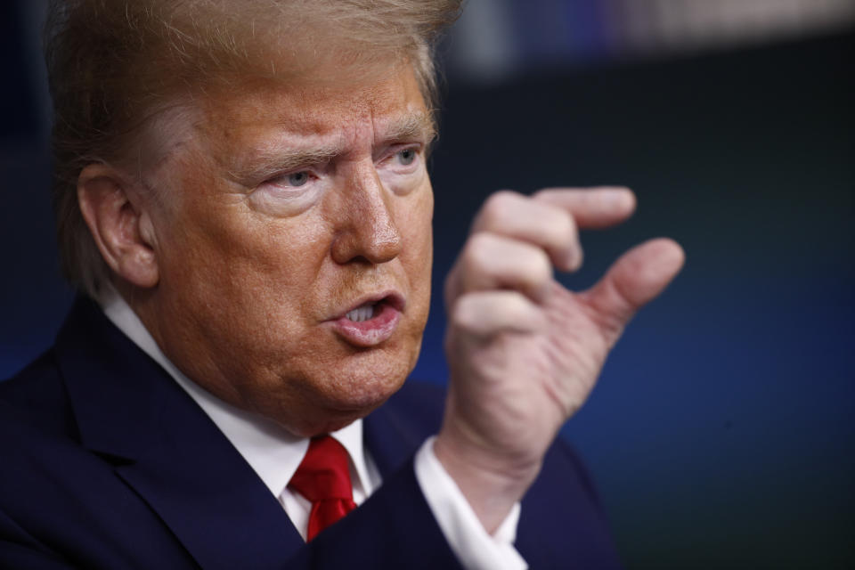 President Donald Trump speaks during a coronavirus task force briefing at the White House, Saturday, April 18, 2020, in Washington. (AP Photo/Patrick Semansky)