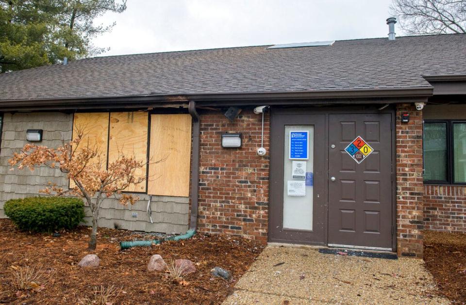 A front window is boarded up at the Planned Parenthood Health Center at 2709 Knoxville Avenue in Peoria, Ill., on Monday, Jan. 16, 2023. Peoria police and fire officials are investigating a fire at the Planned Parenthood clinic as arson, police said Tuesday. The incident occurred Sunday night, two days after Gov. J.B. Pritzker signed into law reproductive health care legislation to protect out-of-state abortion seekers.